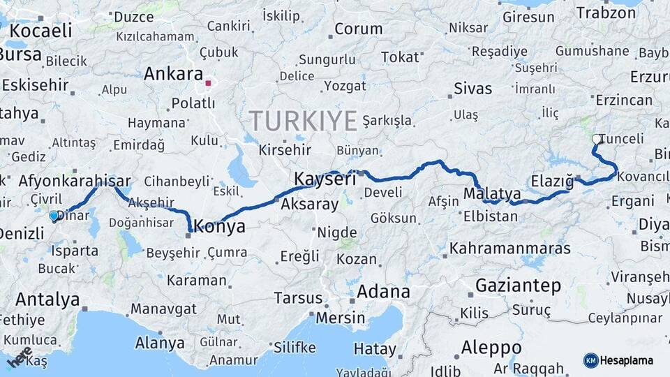 Afyonkarahisar Dinar Tunceli Arası Kaç Km - Yol Haritası