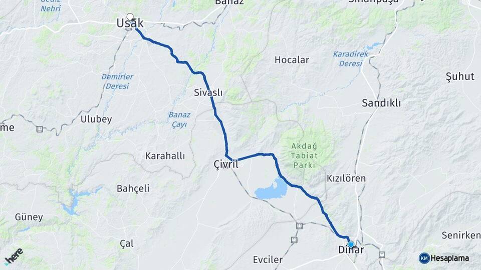 Afyonkarahisar Dinar Uşak Arası Kaç Km - Yol Haritası