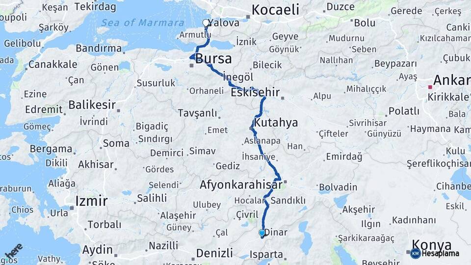 Afyonkarahisar Dinar Yalova Arası Kaç Km - Yol Haritası