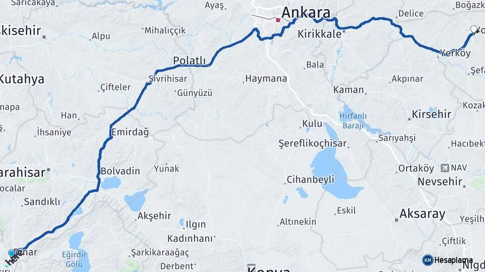 Afyonkarahisar Dinar Yozgat Arası Kaç Km - Yol Haritası