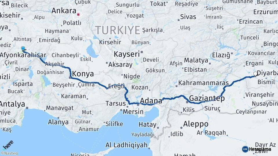 Afyonkarahisar Diyarbakır Arası Kaç Km - Yol Haritası