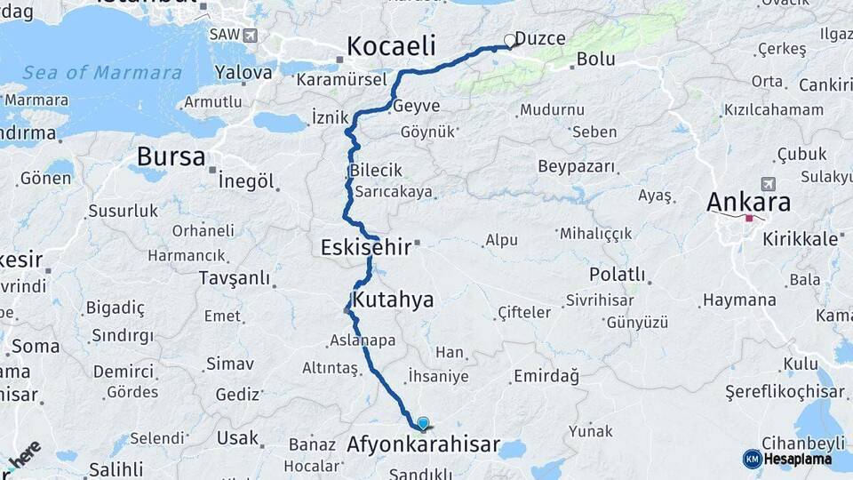 Afyonkarahisar Düzce Arası Kaç Km - Yol Haritası