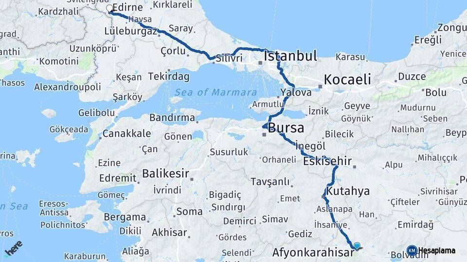 Afyonkarahisar Edirne Arası Kaç Km - Yol Haritası