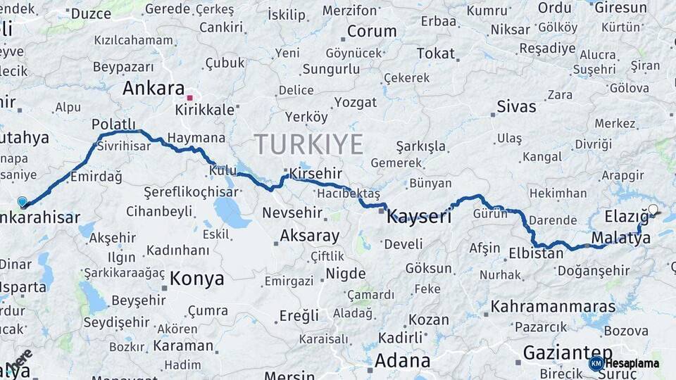 Afyonkarahisar Elazığ Arası Kaç Km - Yol Haritası