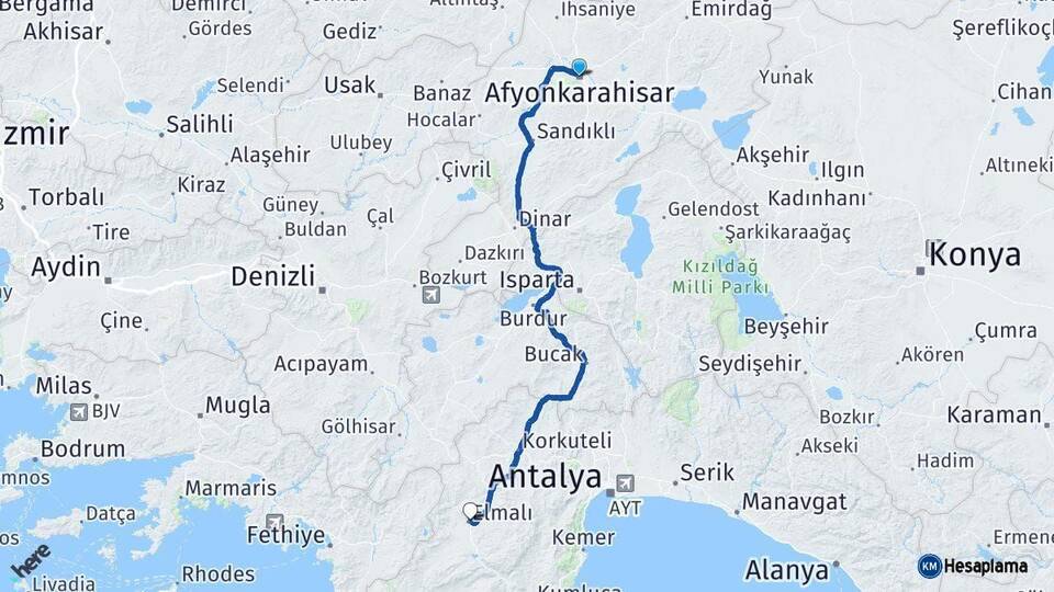 Afyonkarahisar Elmalı Antalya Arası Kaç Km - Yol Haritası