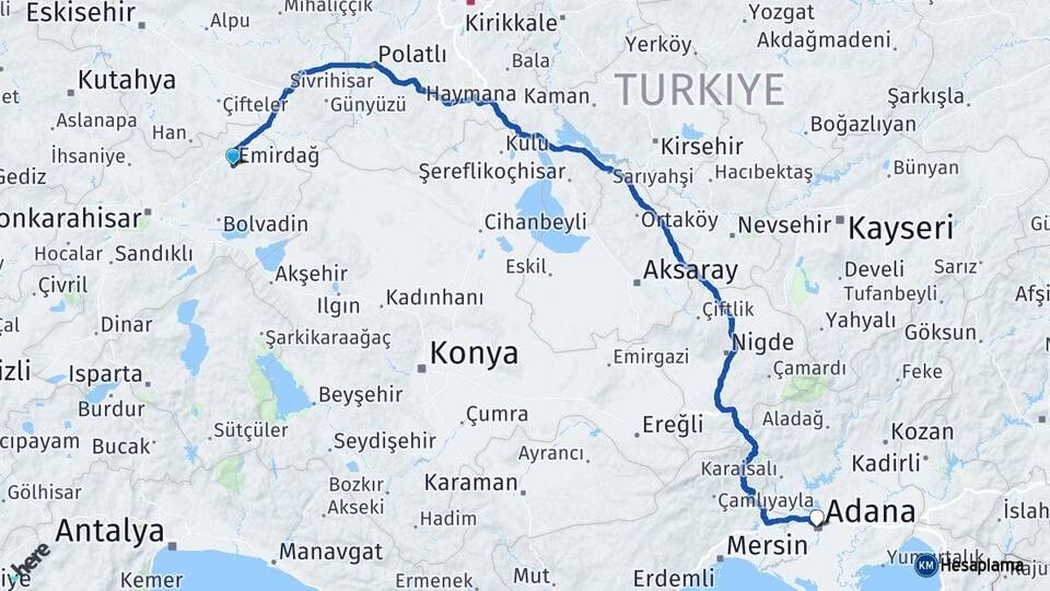 Afyonkarahisar Emirdağ Adana Arası Kaç Km - Yol Haritası