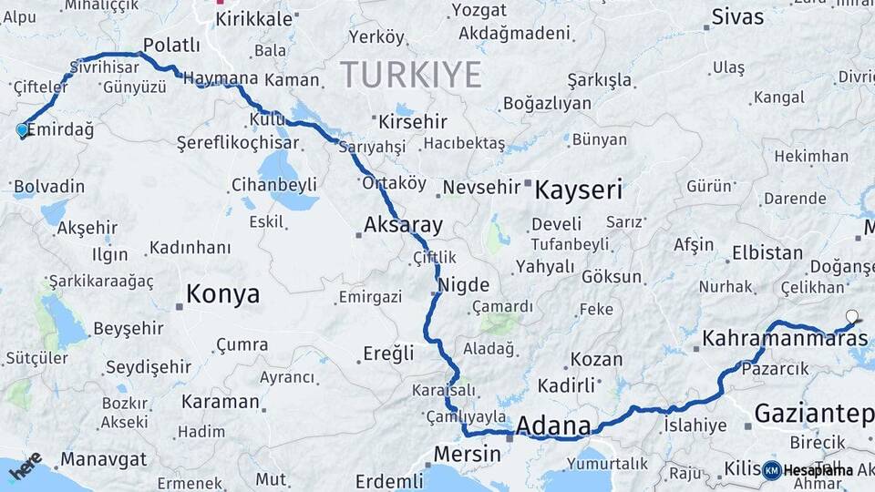 Afyonkarahisar Emirdağ Adıyaman Arası Kaç Km - Yol Haritası