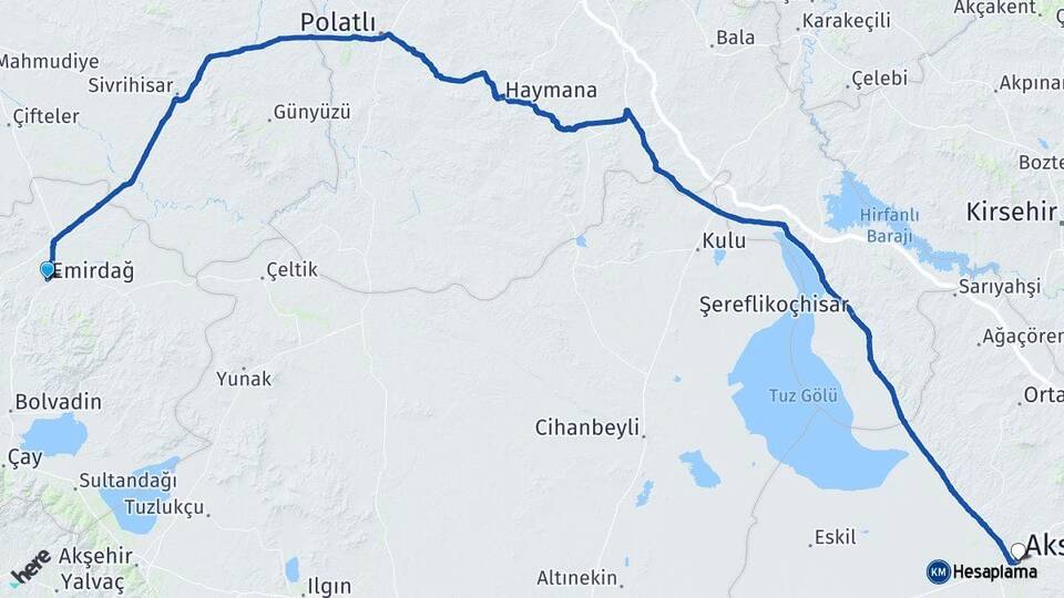Afyonkarahisar Emirdağ Aksaray Arası Kaç Km - Yol Haritası
