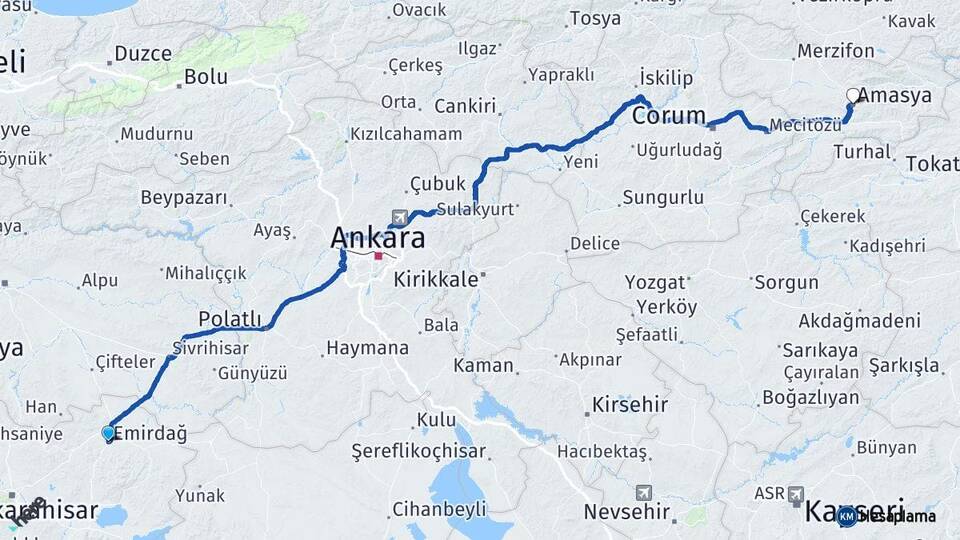 Afyonkarahisar Emirdağ Amasya Arası Kaç Km - Yol Haritası