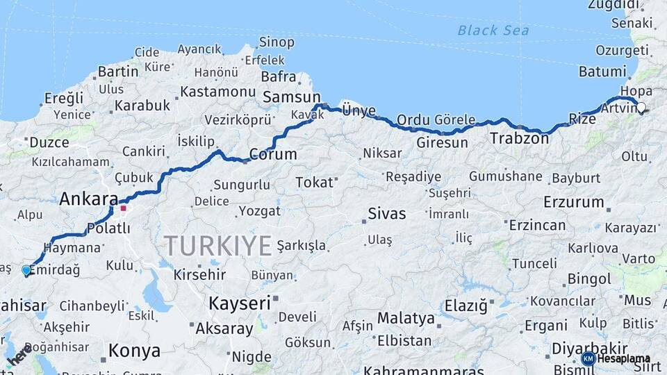 Afyonkarahisar Emirdağ Artvin Arası Kaç Km - Yol Haritası