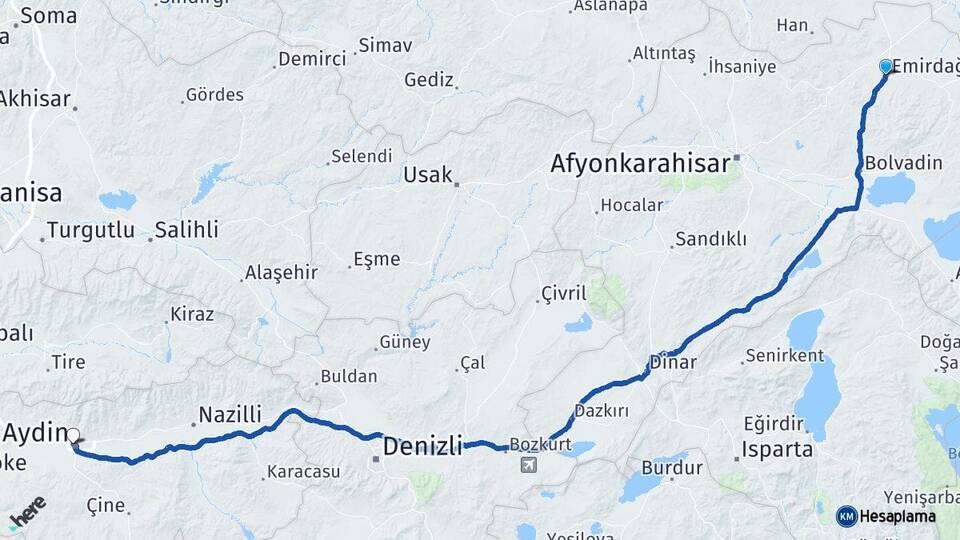 Afyonkarahisar Emirdağ Aydın Arası Kaç Km - Yol Haritası
