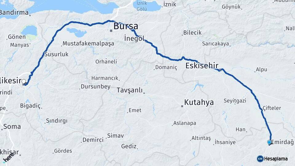 Afyonkarahisar Emirdağ Balıkesir Arası Kaç Km - Yol Haritası
