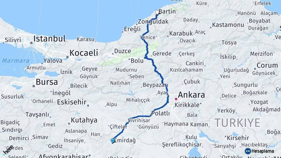 Afyonkarahisar Emirdağ Bartın Arası Kaç Km - Yol Haritası