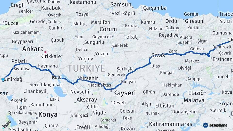 Afyonkarahisar Emirdağ Bayburt Arası Kaç Km - Yol Haritası