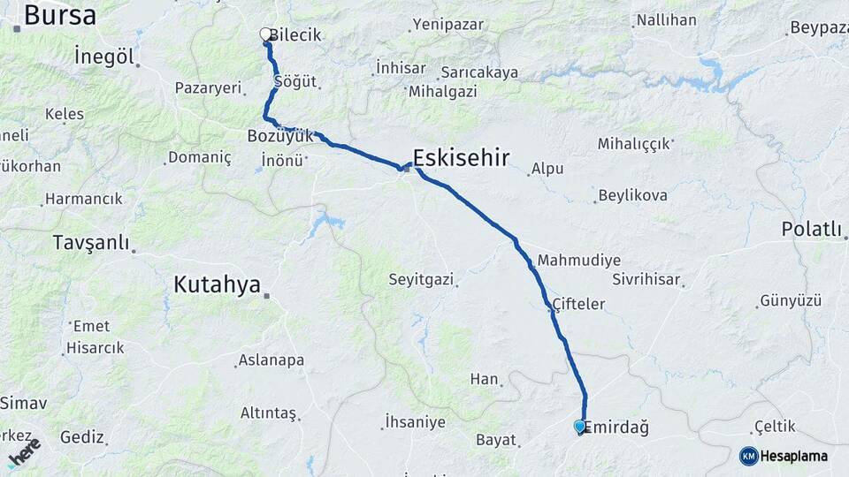 Afyonkarahisar Emirdağ Bilecik Arası Kaç Km - Yol Haritası