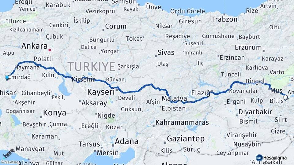 Afyonkarahisar Emirdağ Bitlis Arası Kaç Km - Yol Haritası