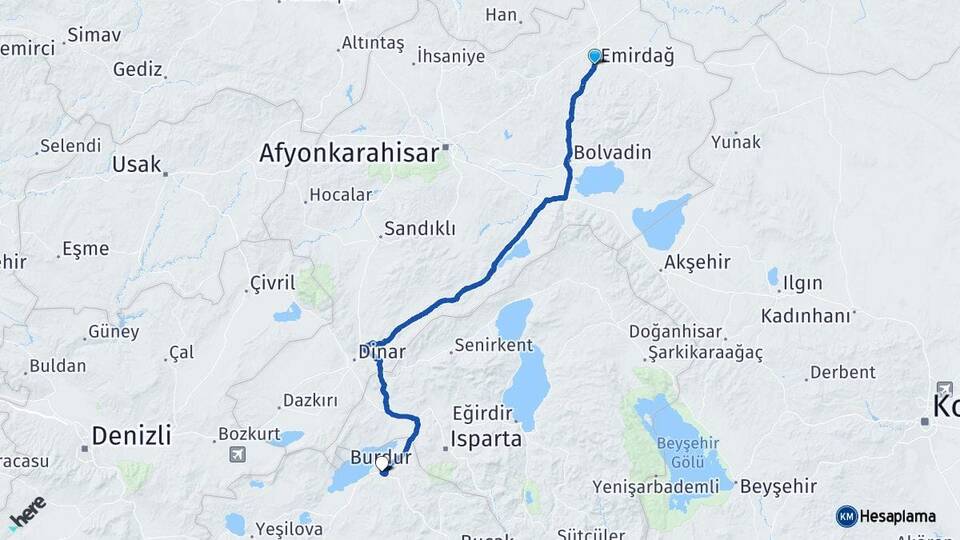 Afyonkarahisar Emirdağ Burdur Arası Kaç Km - Yol Haritası