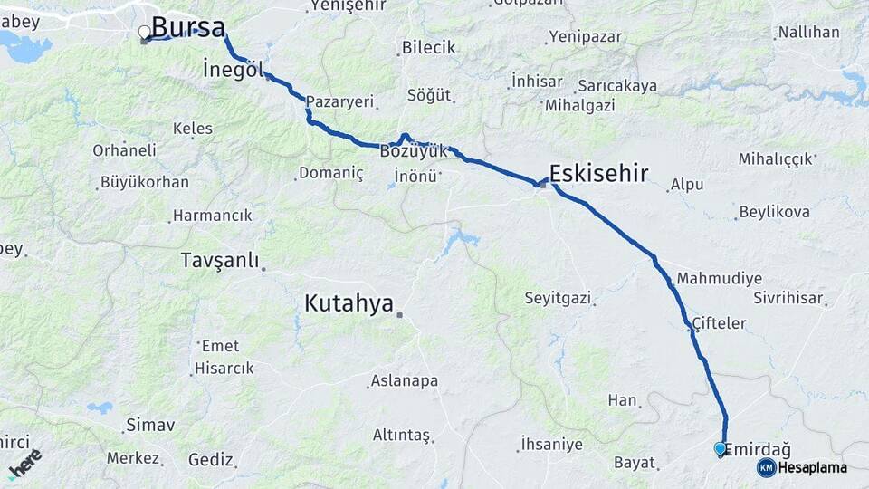 Afyonkarahisar Emirdağ Bursa Arası Kaç Km - Yol Haritası