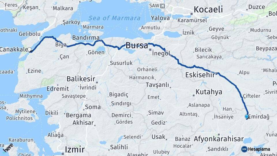 Afyonkarahisar Emirdağ Çanakkale Arası Kaç Km - Yol Haritası