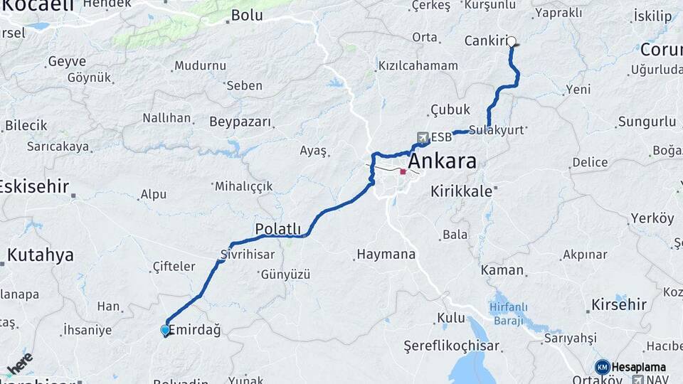 Afyonkarahisar Emirdağ Çankırı Arası Kaç Km - Yol Haritası