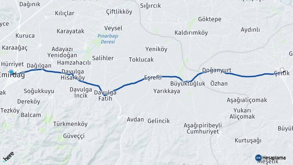Afyonkarahisar Emirdağ Çeltik Konya Arası Kaç Km - Yol Haritası