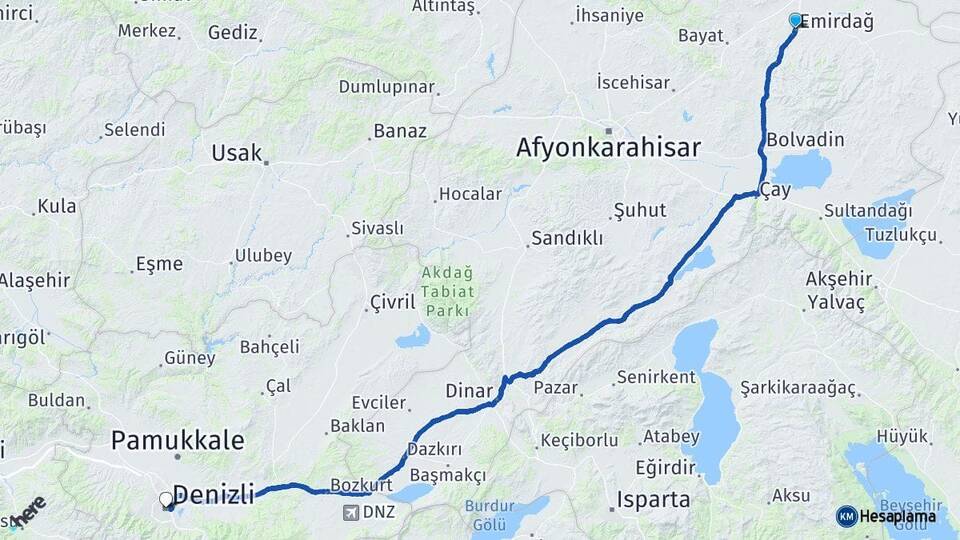 Afyonkarahisar Emirdağ Denizli Arası Kaç Km - Yol Haritası
