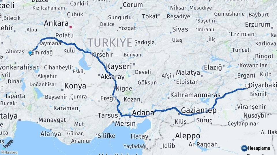 Afyonkarahisar Emirdağ Diyarbakır Arası Kaç Km - Yol Haritası