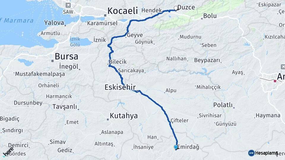 Afyonkarahisar Emirdağ Düzce Arası Kaç Km - Yol Haritası