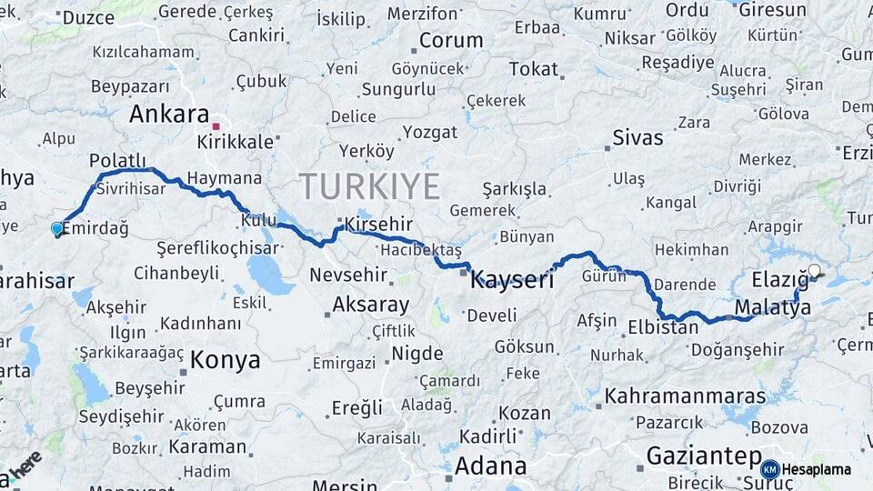 Afyonkarahisar Emirdağ Elazığ Arası Kaç Km - Yol Haritası