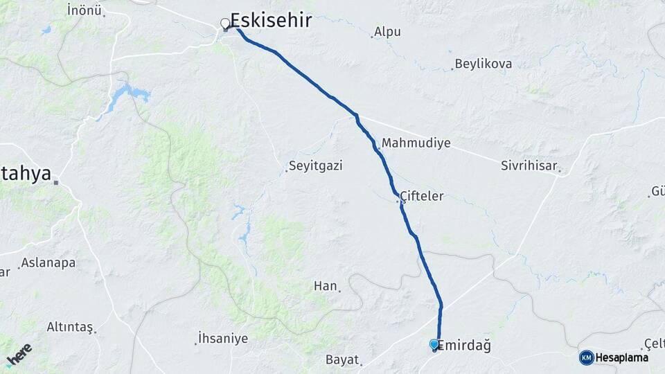 Afyonkarahisar Emirdağ Eskişehir Arası Kaç Km - Yol Haritası