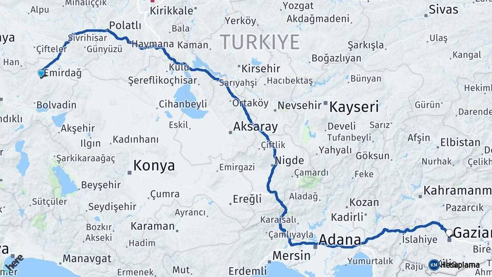 Afyonkarahisar Emirdağ Gaziantep Arası Kaç Km - Yol Haritası