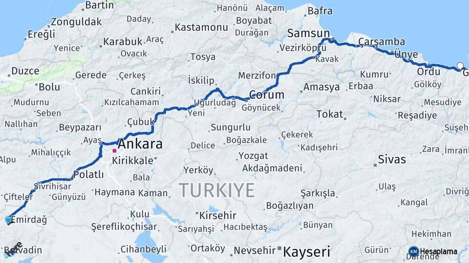 Afyonkarahisar Emirdağ Giresun Arası Kaç Km - Yol Haritası