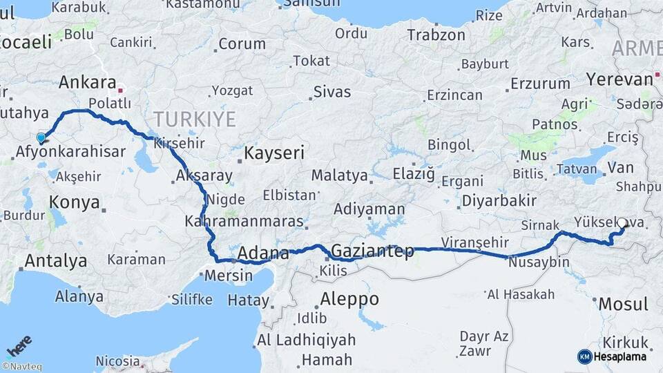 Afyonkarahisar Emirdağ Hakkari Arası Kaç Km - Yol Haritası