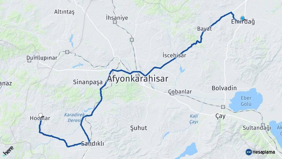 Afyonkarahisar Emirdağ Hocalar Arası Kaç Km - Yol Haritası