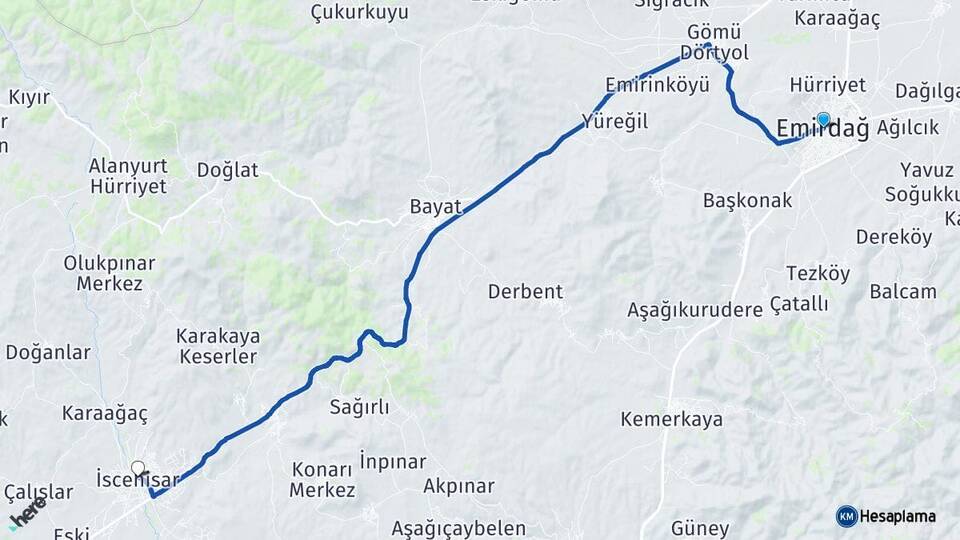 Afyonkarahisar Emirdağ İscehisar Arası Kaç Km - Yol Haritası