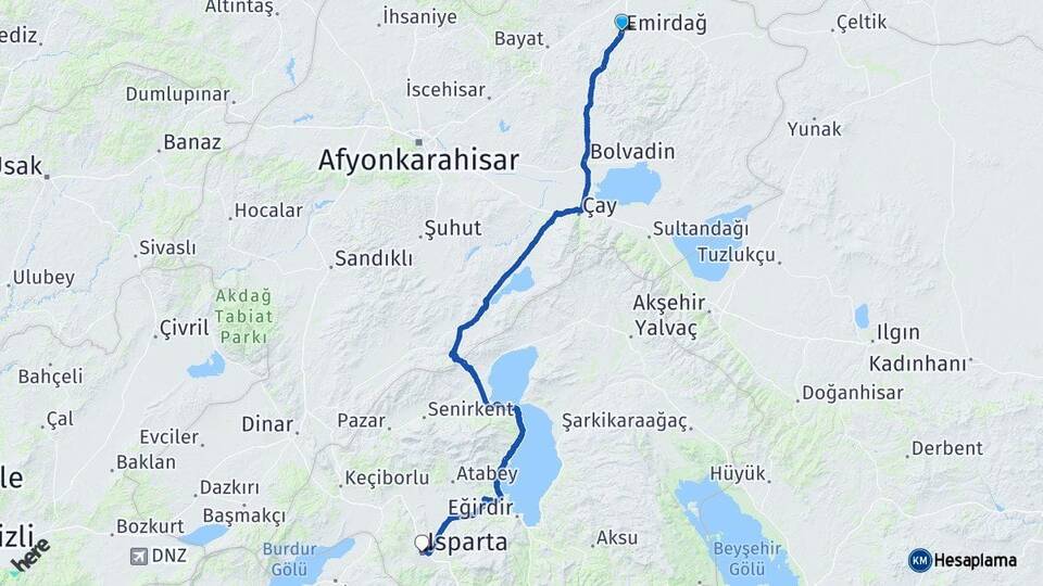 Afyonkarahisar Emirdağ Isparta Arası Kaç Km - Yol Haritası