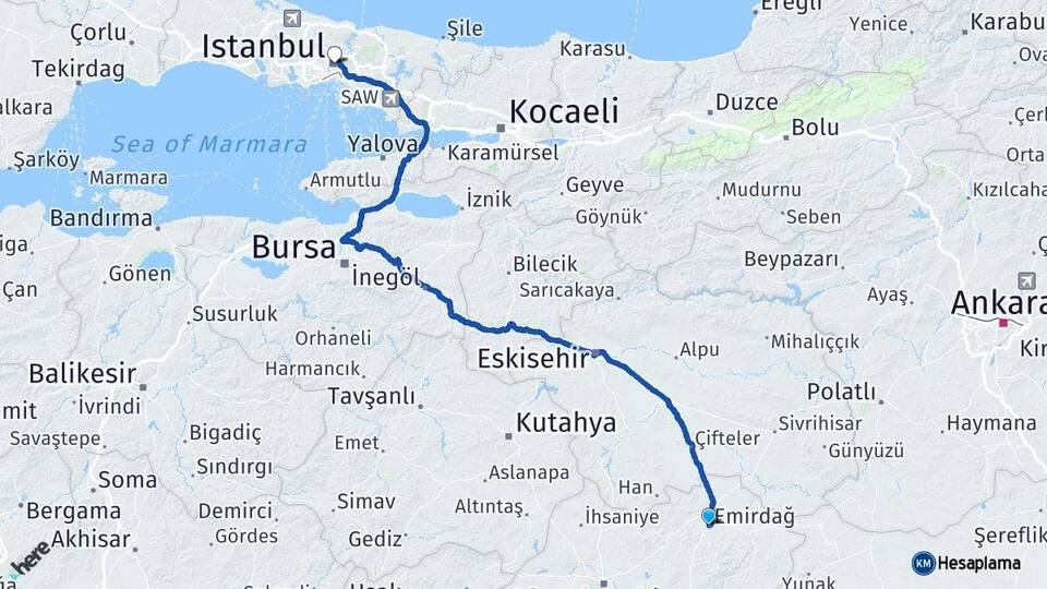 Afyonkarahisar Emirdağ İstanbul Arası Kaç Km - Yol Haritası