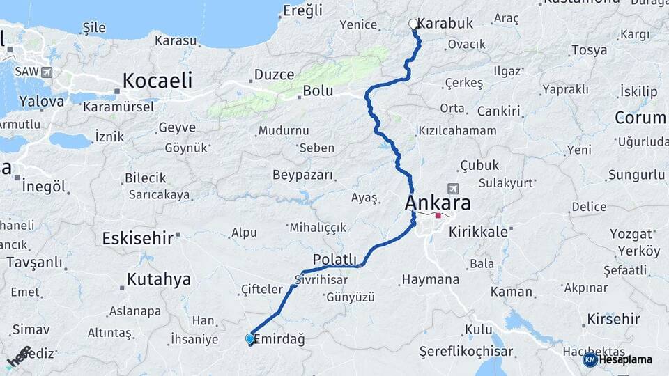 Afyonkarahisar Emirdağ Karabük Arası Kaç Km - Yol Haritası