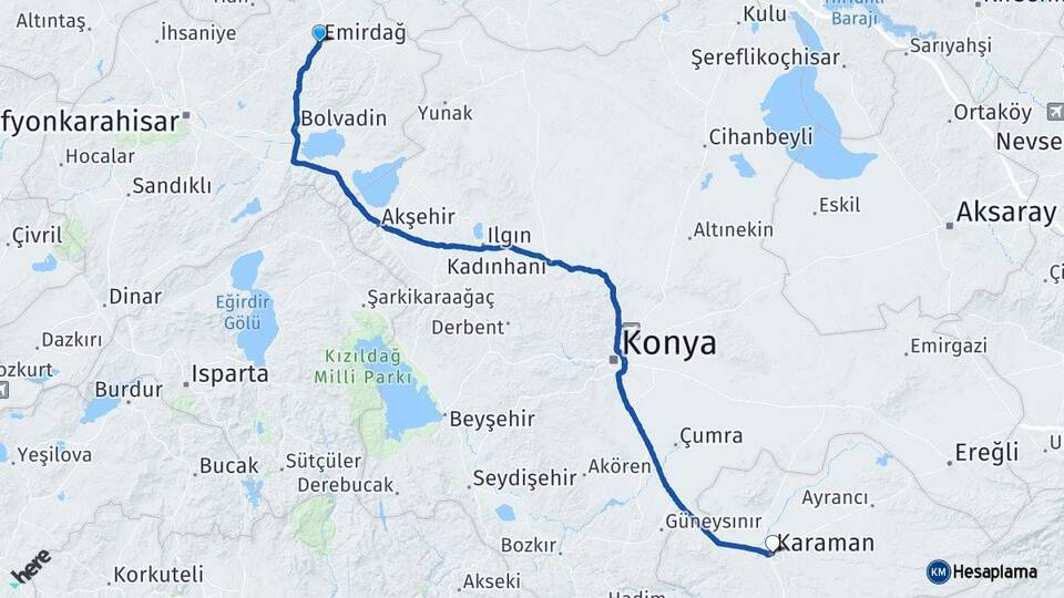 Afyonkarahisar Emirdağ Karaman Arası Kaç Km - Yol Haritası