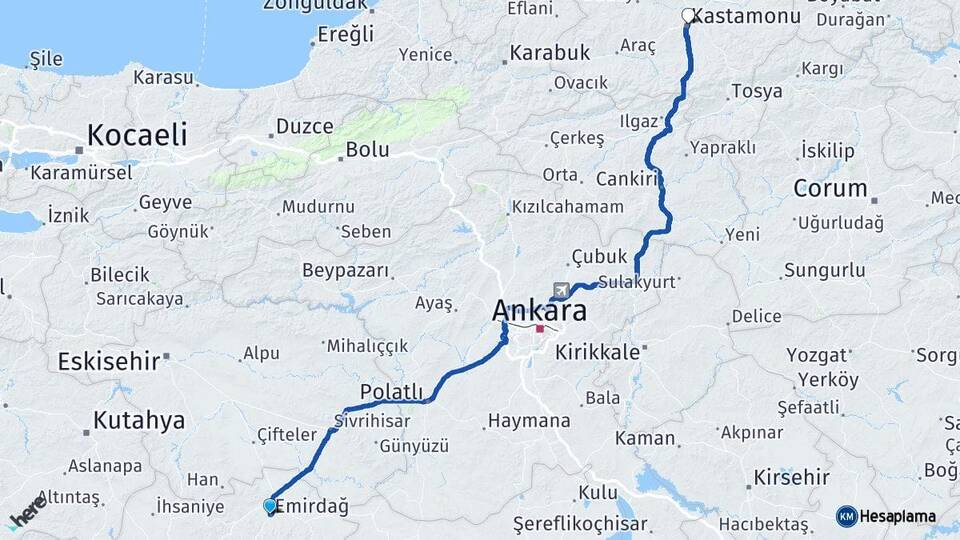 Afyonkarahisar Emirdağ Kastamonu Arası Kaç Km - Yol Haritası
