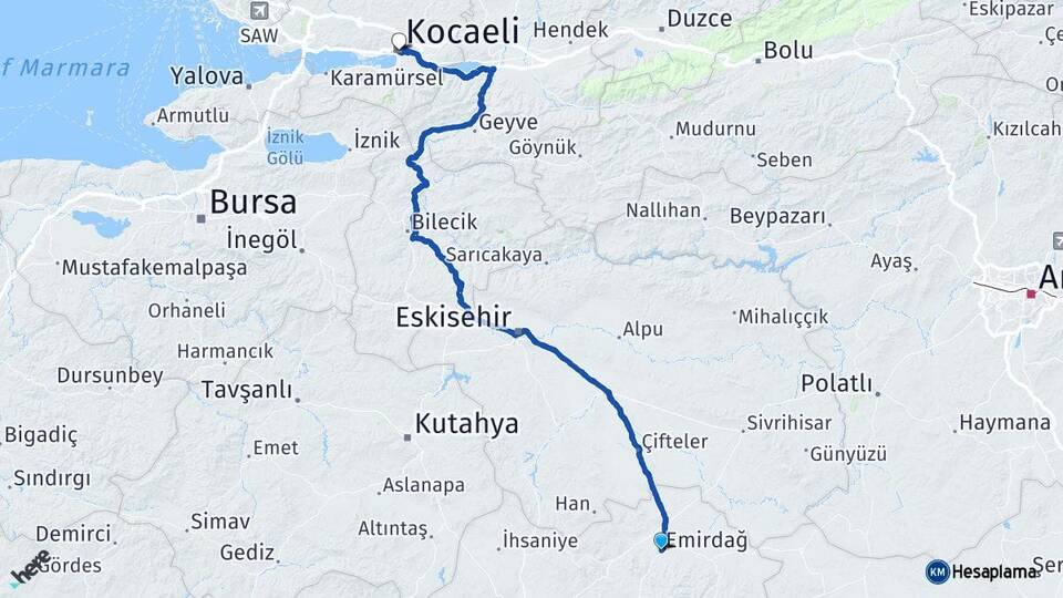 Afyonkarahisar Emirdağ Kocaeli Arası Kaç Km - Yol Haritası
