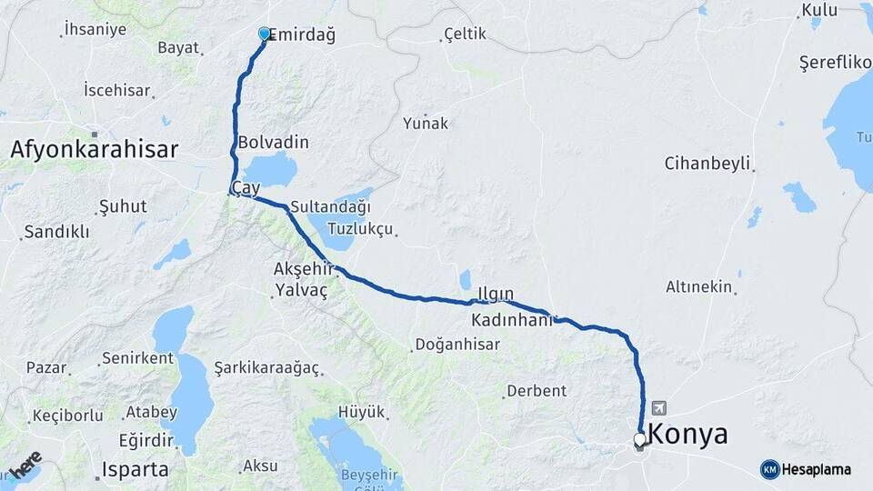 Afyonkarahisar Emirdağ Konya Arası Kaç Km - Yol Haritası