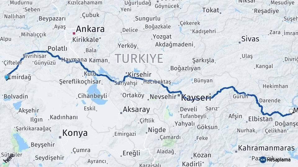 Afyonkarahisar Emirdağ Malatya Arası Kaç Km - Yol Haritası