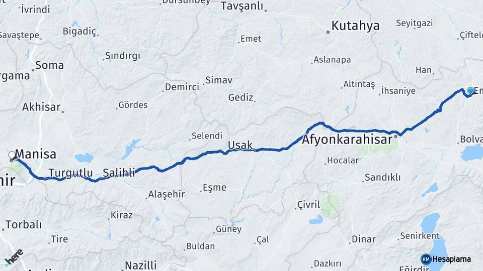 Afyonkarahisar Emirdağ Manisa Arası Kaç Km - Yol Haritası