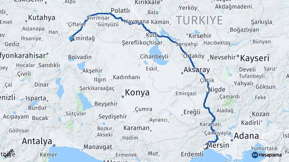 Afyonkarahisar Emirdağ Mersin Arası Kaç Km - Yol Haritası