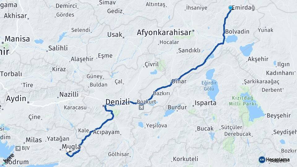 Afyonkarahisar Emirdağ Muğla Arası Kaç Km - Yol Haritası