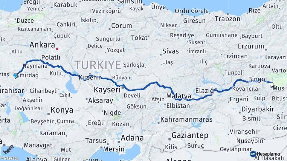 Afyonkarahisar Emirdağ Muş Arası Kaç Km - Yol Haritası