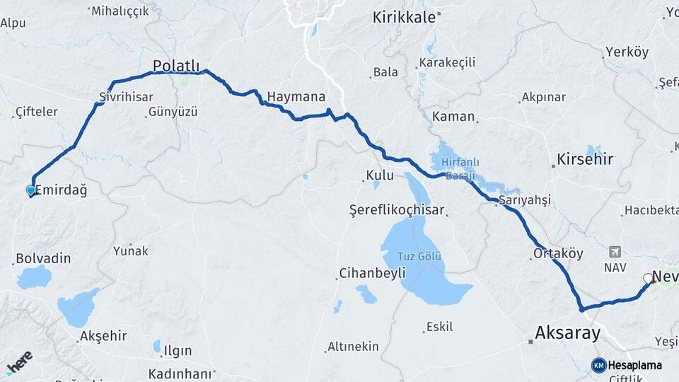 Afyonkarahisar Emirdağ Nevşehir Arası Kaç Km - Yol Haritası