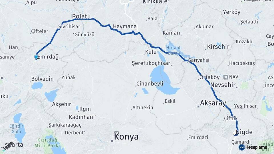 Afyonkarahisar Emirdağ Niğde Arası Kaç Km - Yol Haritası