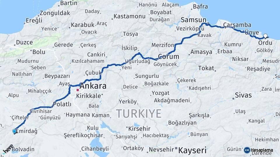 Afyonkarahisar Emirdağ Ordu Arası Kaç Km - Yol Haritası
